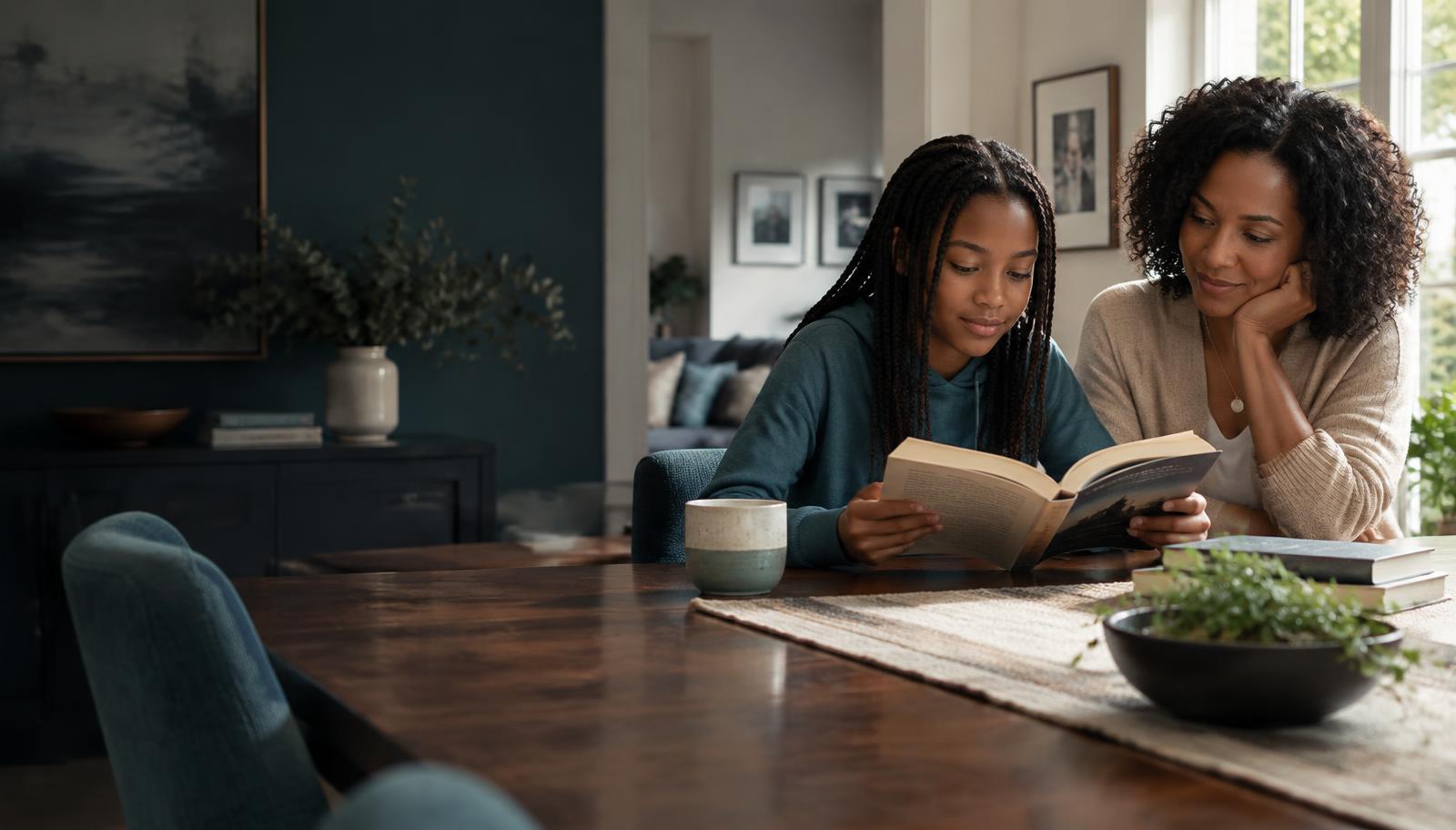 A parent and an older child reading a book together at home